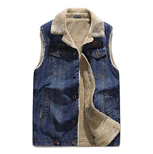 Chaleco de Mezclilla Casual de los Hombres sin Mangas, Retro Vest cohidratado botón Abrigo, Chaleco de vellón Azul de Invierno (Color : Dark Blue, Size : M)