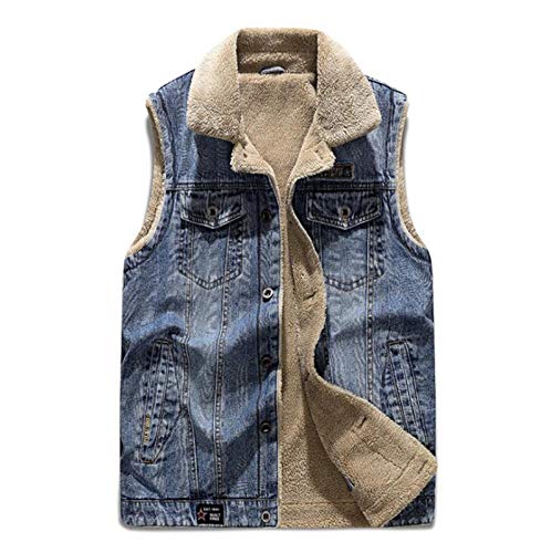 Chaleco de Mezclilla Casual de los Hombres sin Mangas, Retro Vest cohidratado botón Abrigo, Chaleco de vellón Azul de Invierno (Color : Light Blue, Size : S)