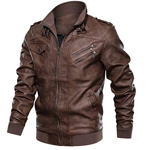 Chaqueta Invierno Hombre Retro Moto Cuero Bolsillo con Cremallera Chaqueta Cuello de Pie Manga Larga Gran tamaño Abrigo Jacket Parka Pullover riou