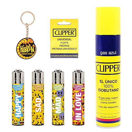 Clipper 4 Mecheros Encendedores Diversos Surtidos Bonitos Baratos,1 Carga Gas Encendedor Clipper 300 Ml,9uds De Piedra Clipper Y 1 Llavero Hibron Gratis 1-10003-9