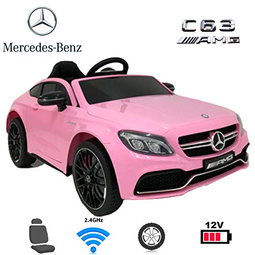 Coches eléctricos para niños Mercedes C63 con Mando Parental 2.4GHz, bateria 12v, Ruedas de Caucho, Asiento en Polipiel (Rosa)