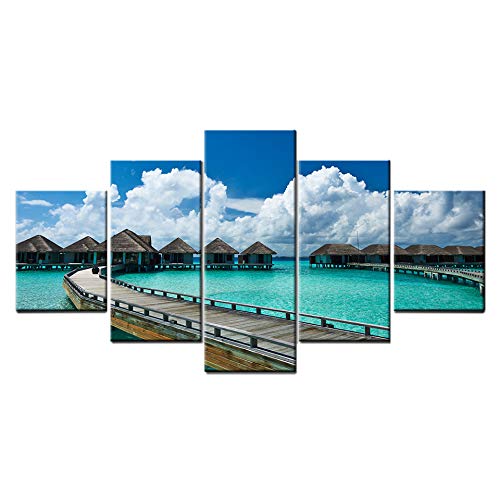 Cuadros Modernos Impresión de Imagen Artística Digitalizada - Lienzo Decorativo Para Tu Salón o Dormitorio - Cielo azul océano puente de madera vacaciones de verano chalet paisaje 150x80cm -Enmarcado