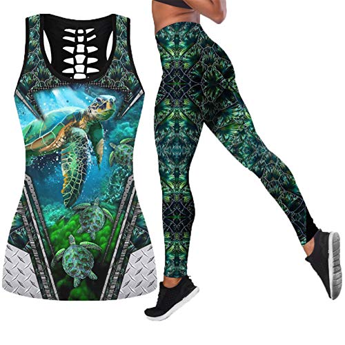 E.Rirevce 3D Impreso Azul mar Tortuga Hueco Tanktop Leggings 2 picese Set Mujer Sexy Chaleco Traje