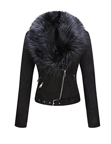 Giolshon Chaqueta Corta de Gamuza Sintética para Mujeres, Chaqueta de Moto con Cuello Desmontable de Piel Sintética Negro XS