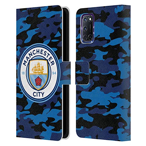 Head Case Designs Licenciado Oficialmente Manchester City Man City FC Luna Azul Oscuro Chapa Camou Carcasa de Cuero Tipo Libro Compatible con OPPO A72