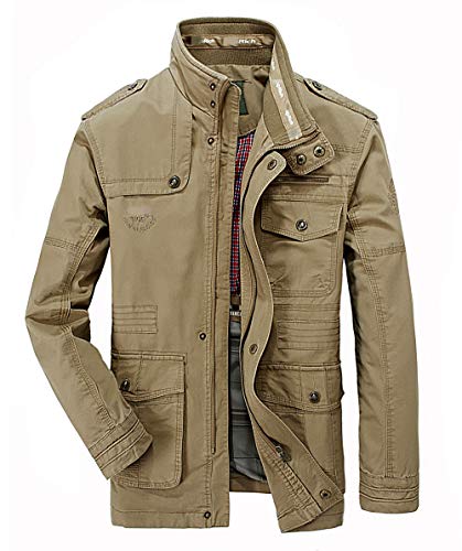 Hombres chaqueta Primavera otoño e invierno Algodón Militar Chaqueta (Large=Tag 2XL /Ches 120cm, Caqui)