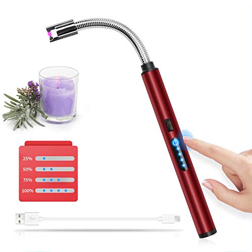 HOTERB Encendedor Electrico, Encendedor de Cocina con Sensor Tactil,Pantalla LED de Batería, Mechero Electrico USB Recargable para Encender el Cigarro,Cigarrillos,Cocina, Barbacoa, Rojo