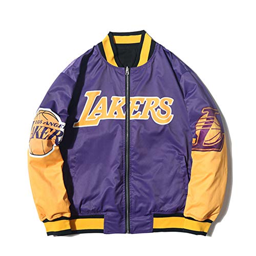 HQAZ Chaqueta Retro de Doble Cara, Chaqueta de Doble Cara Duradera de los Lakers, Chaqueta de algodón Informal de Tendencia para Hombre, Uniforme de béisbol, Primavera y otoño-S