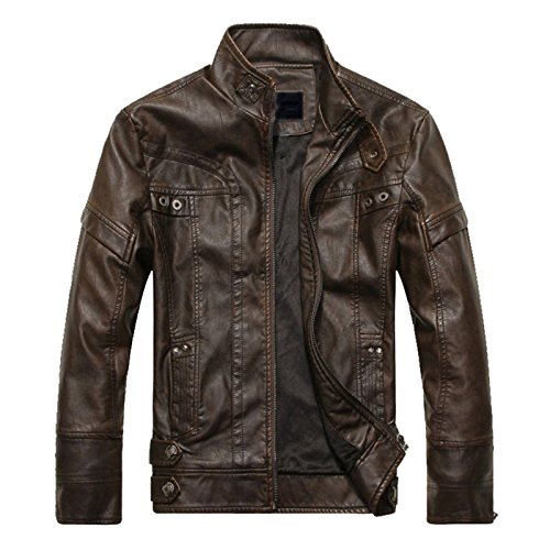 LEOCLOTHO Chaqueta Biker de Cuero PU para Hombre Motorista Cazadora de Piel con Cuello Alto Retro Chaquetas Abrigos Marrón 2XL