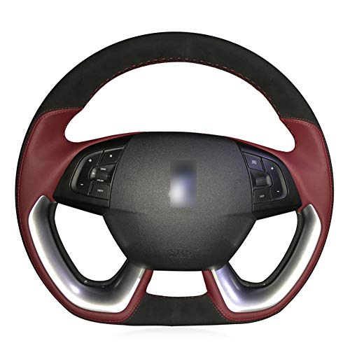 LYSHUI Cubierta de Volante de Coche de Estilo de Moda de Cuero Rojo Vino de Ante Negro para Coser a Mano, para Citroen DS5 DS 5 DS4S DS 4S