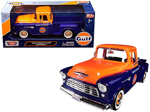 Motormax 1955 Chevrolet 5100 Stepside Pickup Truck Gulf Dark Blue and Orange 1/24 Diecast Model Car by