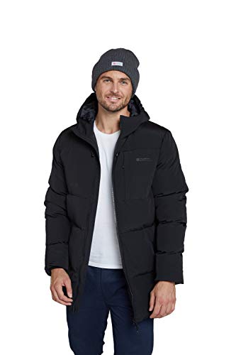 Mountain Warehouse Force Chaqueta Acolchada Hombres - Longitud Larga, Resistente al Agua, Aislamiento de microfibras, Bolsillos con Cremallera - para Viajes de Invierno Negro L