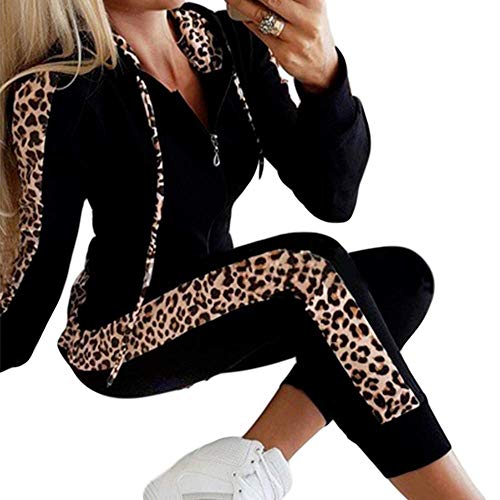 N/P Conjunto de 2 Piezas Mujer Sudadera con Capucha Pantalones Chándal Otoño Invierno Mujer Leopardo Ropa Deportiva Casual Mujer Cremallera Jogging Traje Tallas Grandes S-3XL