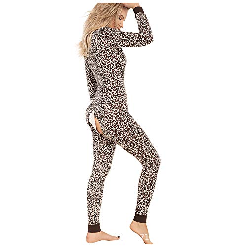 Nuevo Pijama Onesie para Mujer con Solapa Abotonada en la Espalda, Mono Sexy con Solapa Abotonada Funcional con Botones, Mamelucos de Manga Larga con Estampado de Animales Estilo Rejilla