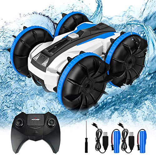 OMEW Coche Teledirigido Anfibio Coche de Control Remoto, Coches controlados Stunt Car Impermeable Anfibios en Agua y Tierra ,Coche radiocontrol Electric Juguetes para niños( Azul)