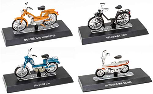 OPO 10 - Lote de 4 ciclomotores míticos 1/18: Peugeot 104 + Solex + Motobécane + Mobix (M11 + M17 + M20 + M43)