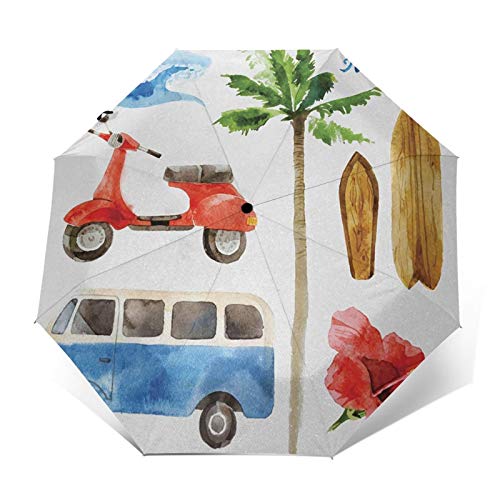 Paraguas Plegable Automático Impermeable Hippie de ciclomotor de la Vieja Escuela, Paraguas De Viaje Compacto a Prueba De Viento, Folding Umbrella, Dosel Reforzado, Mango Ergonómico