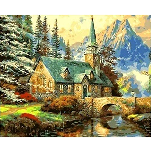 Pintura al óleo por número kit Nieve Montaña Chalet Puente Lienzo Pinturas acrílicas Pintura para adultos Principiante DIY Pintura al óleo