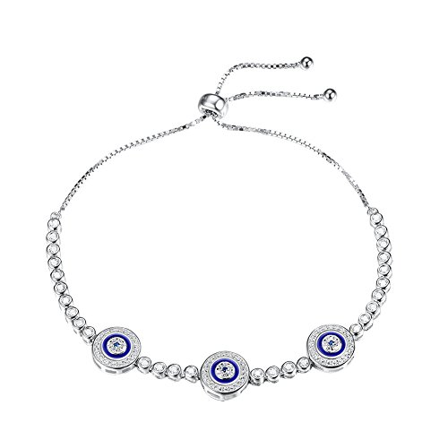 Pulsera de tenis Hamsa de ojo azul de plata de ley 925 con circonita cúbica blanca ajustable de 25,4 cm