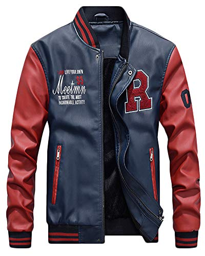 QitunC Hombres Cuero De La PU Chaqueta De Béisbol Impresión Fleece Forrado Cazadora Abrigo Azul Zafiro S