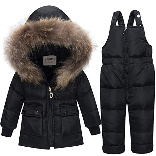 SANMIO 2 Piezas Conjunto de Esquí Niño Niña Chaqueta de Plumas Piel Artificial Chaqueta con Capucha + Prueba de Viento Pantalones de Babero para Trajes de Invierno Cálido para Bebés