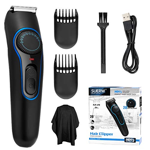 SUERW Maquina Cortar Pelo, Cortapelos Hombre Recortador Pelo Barba con Dial de Precisión 20 Longitud Ajustable 2 Accesorios de Peine