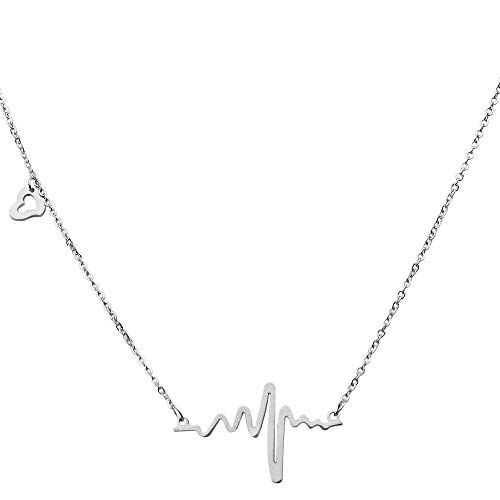 tumundo Cadena Latido del Corazón Collares Pulso Copas Frecuencia Joyería para Mujer Chica Delgado Amor Acero Inoxidable, Variante:Plata