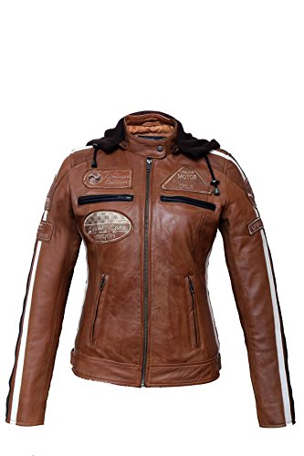 Urban GoCo Chaqueta Moto Mujer de Cuero Leather '58 LADIES', Cazadora Moto de Piel de Cordero, Armadura Removible para Espalda, Hombros y Codos Aprobada por la CE, S, Tan (marrón) (UR-184)