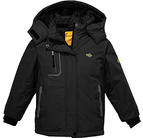 Wantdo Abrigo de Invierno Aislada con Vellón Chaqueta de Montaña de Senderismo Parka Snowboard de Esquí Exteriores Chaqueta Capucha Desmontable a Prueba de Viento para Niñas Negro 116-122