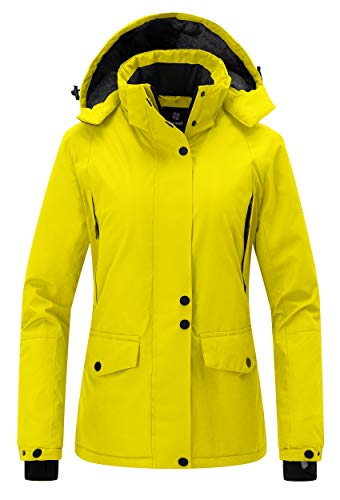 Wantdo Chaqueta de Esquí Montaña Impermeable Chaquetas Cálida Aislada con Vellón Parkas con Capucha de Nieve Invierno Abrigo para Exteriores Snowboard para Mujer Amarillo Large