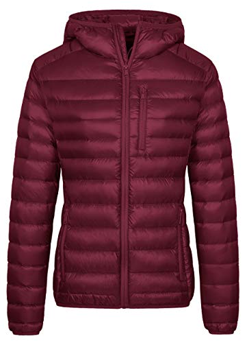 Wantdo Plumiferos Caliente Capucha Otoño Chaqueta de Pluma Corta Invierno Chaqueta de Plumón Ajustada de Moda Chaqueta de Pluma de Montaña Antiviento Mujer Rojo Vino Large