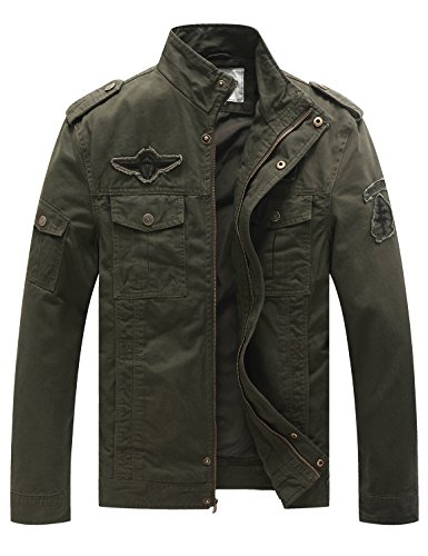 WenVen Chaqueta de Algodón Casual Chaqueta Cuello Alto Sahariana Chaqueta Informal con Bucles de Hombro Chaqueta Fina Joven Hombres Verde Militar XX-Large