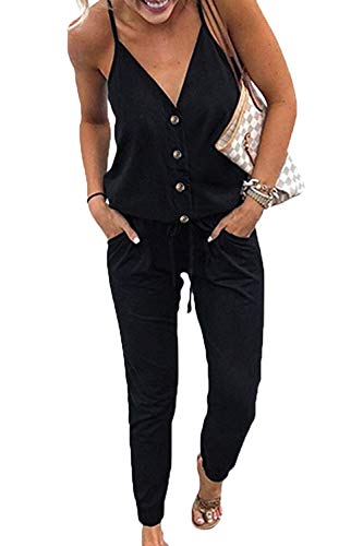 WOZNLOYE Mujer Sexy Cuello en V Profundo Monos Color Sólido Mamelucos Moda Sin Espalda Mono Verano Rompers Larga Pantalones con Bolsillo y Botón