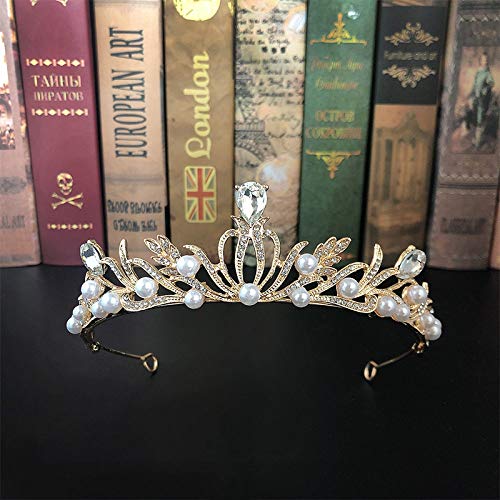 WSXEDC Tiaras Corona Mujer, Queen Crown Barroco Dorado Hueco Flor Hoja Imitación Perla Adulta Diadema para Niñas Joyería para El Cabello Boda Nupcial Fiesta De Cumpleaños Baile De Graduación Regalos