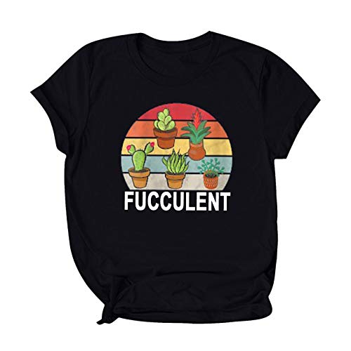 YANFANG Blusa de Manga Corta con Cuello Redondo y Estampado de Cactus Sueltos a la Moda para Mujer,T-Shirt Primavera y Verano Blusa Moda Casual Camiseta Regalo Ropa de San Valentín,Black,S