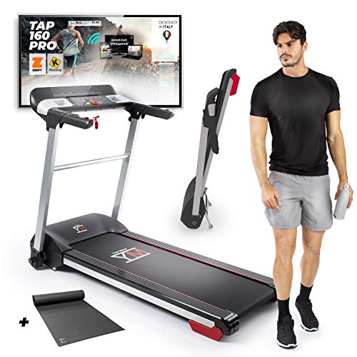 YM TAP160PRO Cinta de Correr Eléctrica Plegable 16 km/h, Ultradelgada, Sensor de Frecuencia Cardíaca, Compatible Aplicación Kinomap y Zwift Bluetooth, Entrada Audio, Altavoces, 2HP (pico de 3,5 HP)