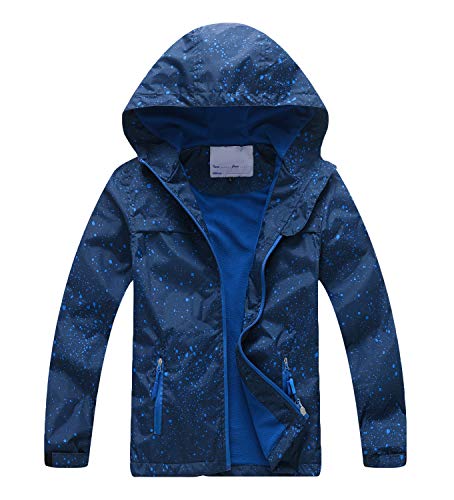 YoungSoul Chaqueta Impermeable para Niños - Cortavientos con Forro Polar y Capucha- Abrigo Deportivo Primavera Otoño, Azul Oscuro, 5-6 años/120