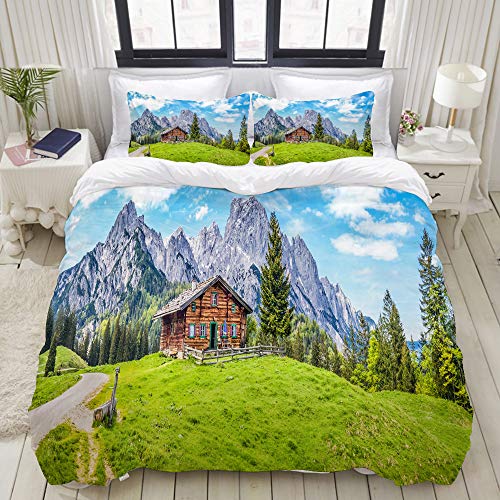 ZELXXXDA Bedding Juego de Funda de Edredón,Vista panorámica del Paisaje escénico con Chalet Tradicional de montaña,Funda de Nórdico y 2 Fundas de Almohada Single