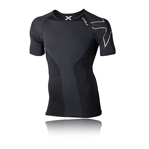 2XU Herren Mens Elite Compression Top-Crew Neck [Perform], Camiseta Para Hombre, Negro/Oro, XS