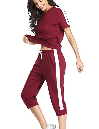 Aibrou Chandal Mujer Completo,Trajes de 2 Piezas Chándal Manga Corta Y 3/4 Pantalón Pirata,Conjunto Chandal Corto para Verano,Conjunto Gimnasio Conjunto Deporte Casual.Vino Tinto,XXL