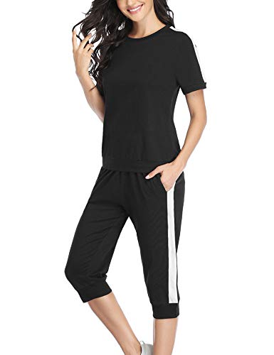 Aibrou Chandal Mujer Completo,Trajes de 2 Piezas Chándal Manga Corta Y 3/4 Pantalón Pirata,Conjunto Chandal Corto para Verano,Conjunto Gimnasio Conjunto Deporte Casual.Negro,XL