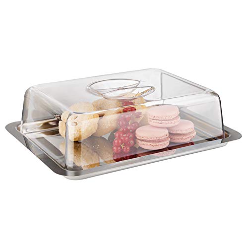 APS Bandeja con cubierta - caja para conservar la frescura, bandeja para servir de alta calidad con cubierta fabricada en Alemania, duradera, apilable, no apta para el lavavajillas, acero inoxidable – 25 x 19 cm, altura: 7 cm