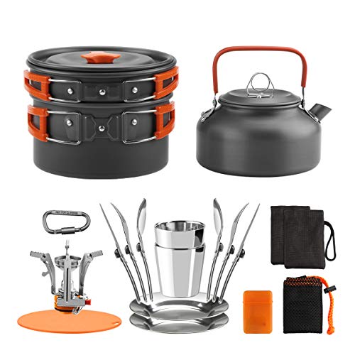 Awroutdoor Utensilios Cocina Camping Kit con Estufa Trekking, 1.2 L Ollas Camping y 0.6 L Sartén, Taza de Acero Inoxidable, Cubiertos Plegable - Cacerolas de Acampada de Camping y Viaje