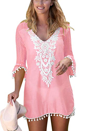 Beautyplay Mujer Vestidos de Playa Sexy Traje de Baño Cubrir Tapa De Bikini Blusa De Playa Beach Cover up Mangas Cortasas Camisolas y Pareos (Pink, M)