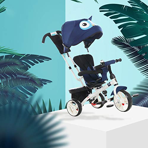 BGHKFF 4 En 1 Triciclo Manual para Niños 1 A 6 Años 360° Asiento Giratorio Pedal De Triciclo Infantil Toldo Abatible Arnés De 5 Puntos Cinturón De Seguridad Cochecito Máximo del Cojinete Es 25kg,Blue