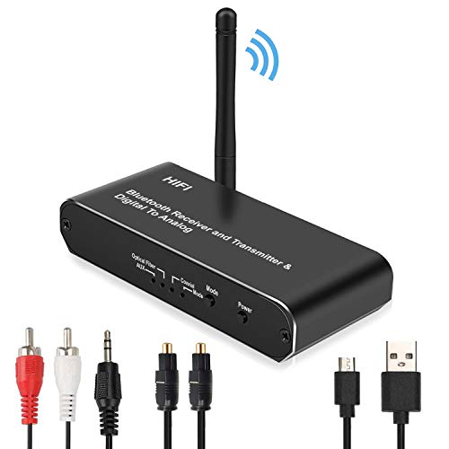 Bluetooth 5.0 Receptor Transmisor Bluetooth Adaptador de Audio inalámbrico Convertidor de Audio Digital a analógico con coaxial óptico de Largo Alcance RCA 3.5mm para TV PC Auriculares Teléfono móvil