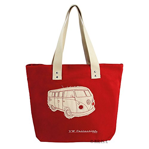 BRISA VW Collection - Volkswagen Furgoneta Hippie Bus T1 Van Bolsa de Playa Vintage de Canvas (Algodón), Bolso de mano, Bolsa de hombro, Tote bag, Shopper bag para Compras (Rojo/Beige)