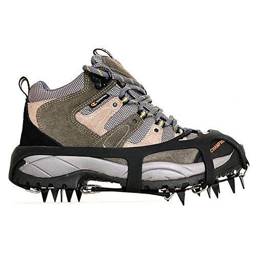 Chengzuoqing Crampones de 18 dientes, para invierno, nieve, esquí, alpinismo, escalada, antideslizante, cubierta para zapatos para invierno, alta altitud, senderismo, talla L, color: negro