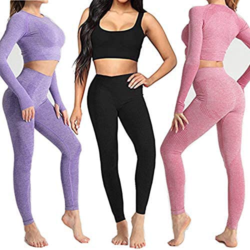 Conjunto Yoga 3 Piezas Ropa Fitness , Pantalones De Yoga Súper Elásticos Sin Costuras+Bralette Para Mujer+Camiseta Deportiva De Manga Larga Sin Costuras Mujer Morado ( L