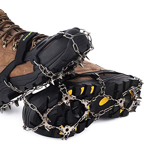 Crampones19 de Dientes y Garras,Picos Verdaderos de Acero Inoxidable y Silicona Duradera,para Montañismo Senderismo con 2 Correas y 1 Bolsa de Transporte. (Negro, L)